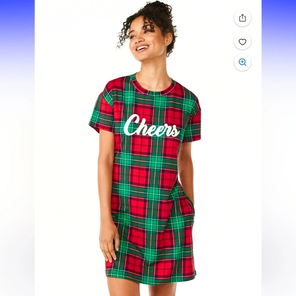 Joyspun Women’s Red and Green Plaid Cheers Holiday Sleep Shirt PJs Size M NWOT - Picture 2 of 9